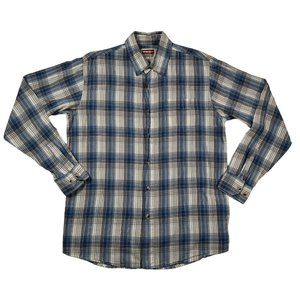 Wrangler Shirt Men's Long Sleeve Collared Plaid Button Up Blue Cream Tan Medium